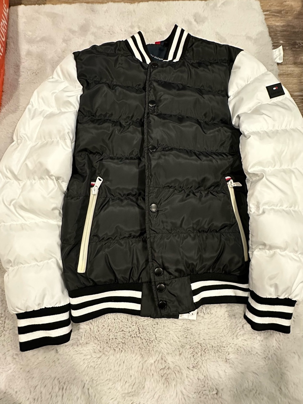 Tommy Hilfiger Black Body White Sleeve Puffer Varsity Jacket